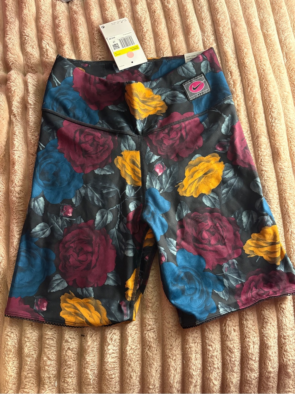 Nike Black Floral Compression Shorts with Blue, Maroon, Yellow Roses
